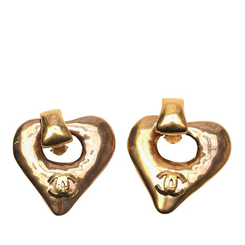 Chanel Gold Plated CC Heart Clip on Earrings Gold Metal Good condition - Front View