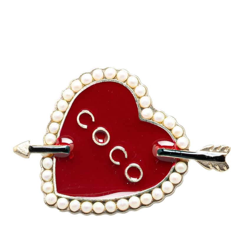 Chanel Gold Plated Enamel Faux Pearl Coco Heart and Arrow Brooch Red Good condition - Front View