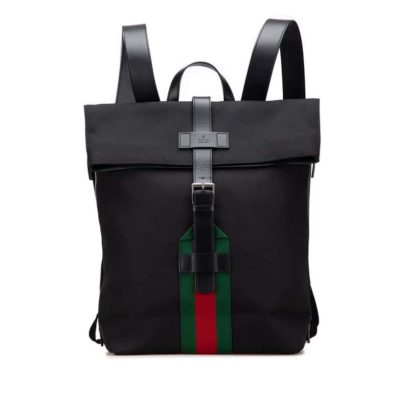 Gucci Canvas Techno Web Fold Over Backpack Black Canvas Good condition - Front View