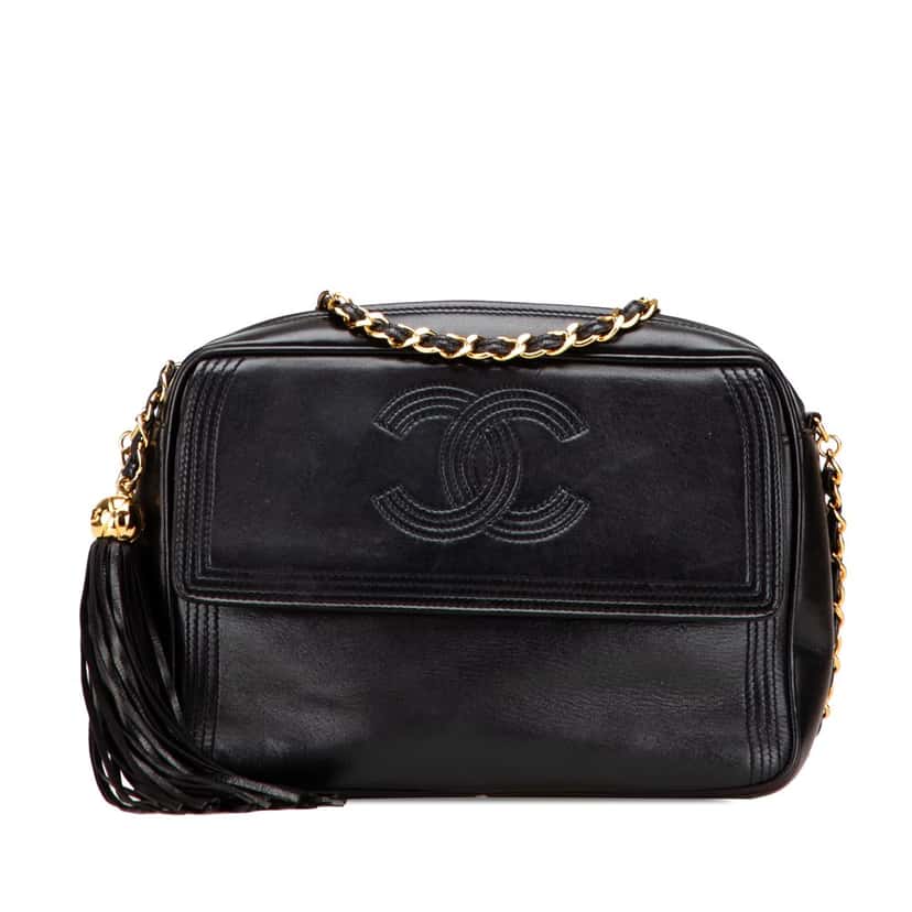 Chanel CC Quilted Lambskin Tassel Stitched Flap Crossbody Black Leather Good condition - Front View