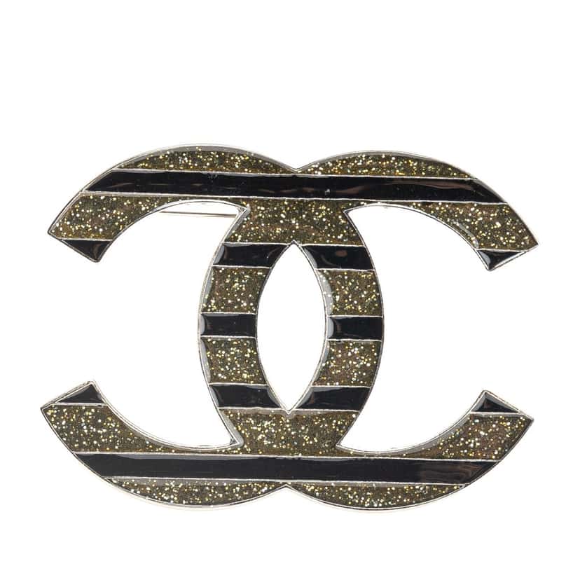 Chanel Enamel and Silver Plated CC Brooch Black Good condition - Front View