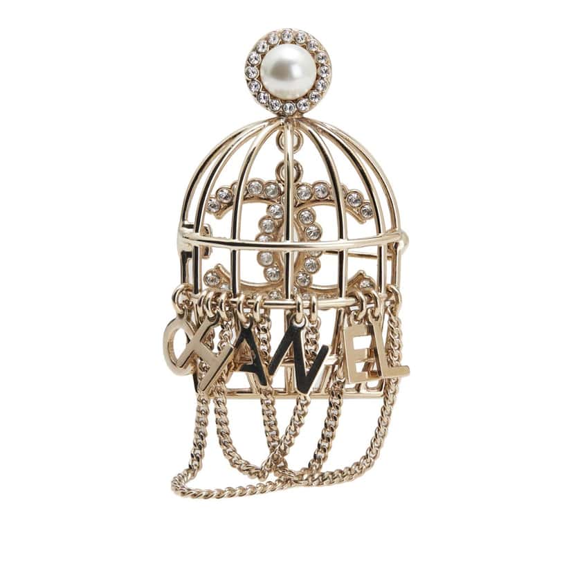 Chanel CC Gold Plated Faux Pearl and Rhinestones Logo Birdcage Brooch Gold Metal Good condition - Front View