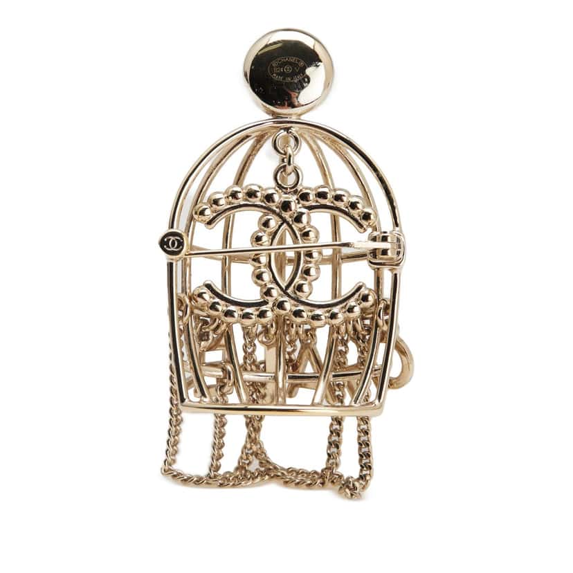 Chanel CC Gold Plated Faux Pearl and Rhinestones Logo Birdcage Brooch Gold Metal Good condition - Back View