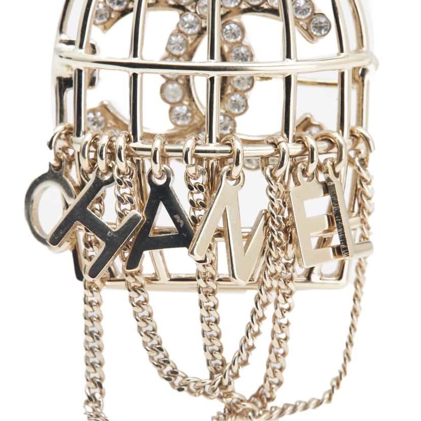 Chanel CC Gold Plated Faux Pearl and Rhinestones Logo Birdcage Brooch Gold Metal Good condition - Box View