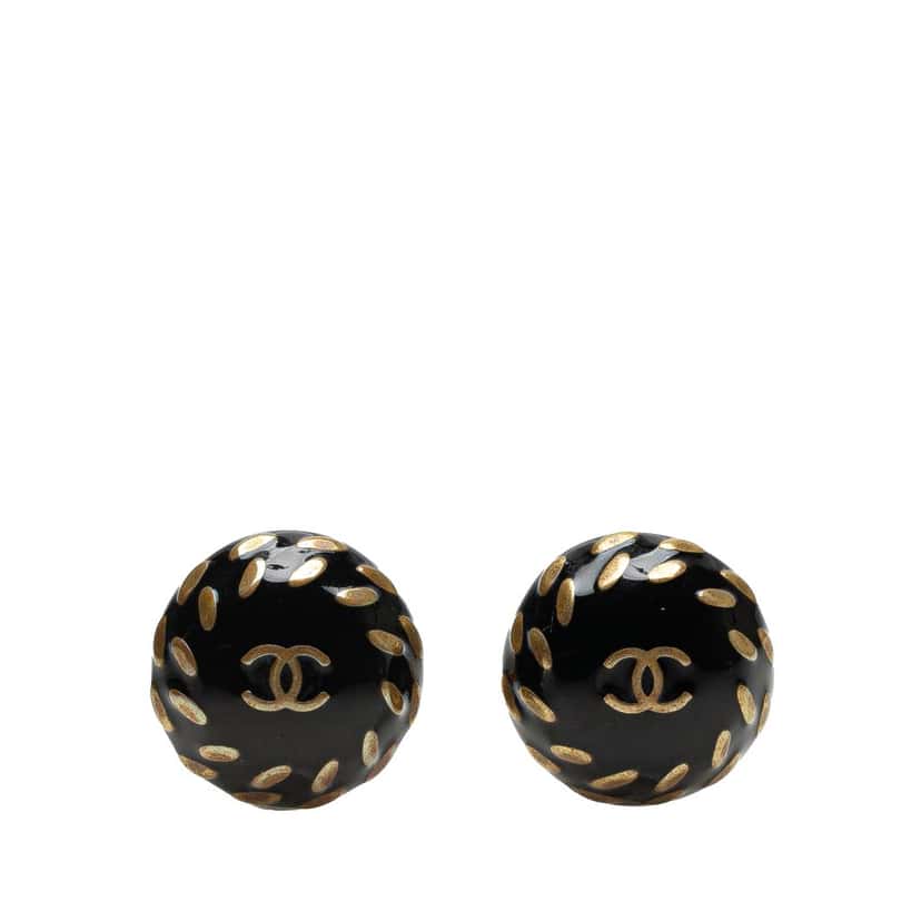 Chanel CC Resin and Gold Plated Button Clip On Earrings Black Good condition - Front View