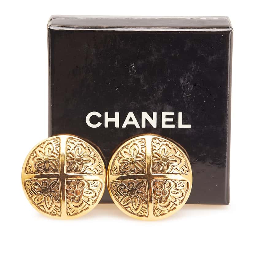 Chanel Gold Plated Camellia Cross Dome Clip On Earrings Gold Metal Good condition - Box View