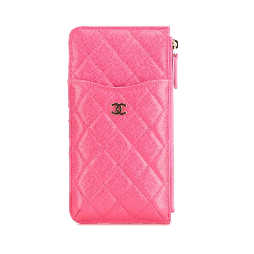 Chanel CC Quilted Caviar Flat Phone Case Wallet Pouch Pink Leather Good condition - Front View