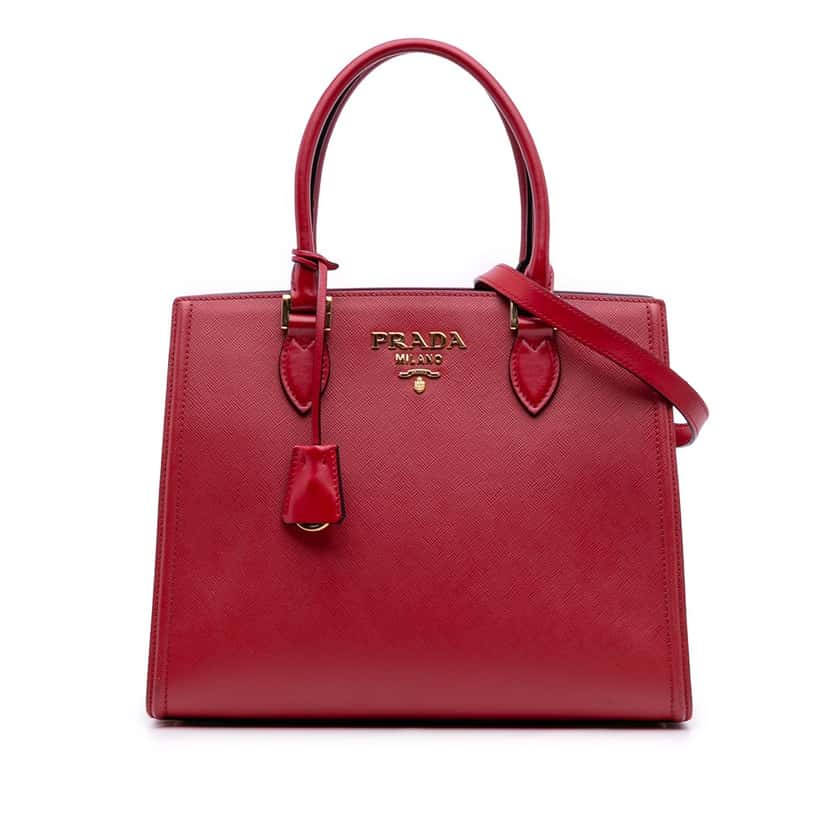 Prada Soft Calf Trimmed Saffiano Convertible Tote Red Leather Good condition - Front View