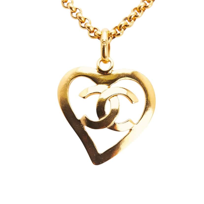 Chanel CC Gold Plated Heart Pendant Necklace Gold Metal Good condition - Front View