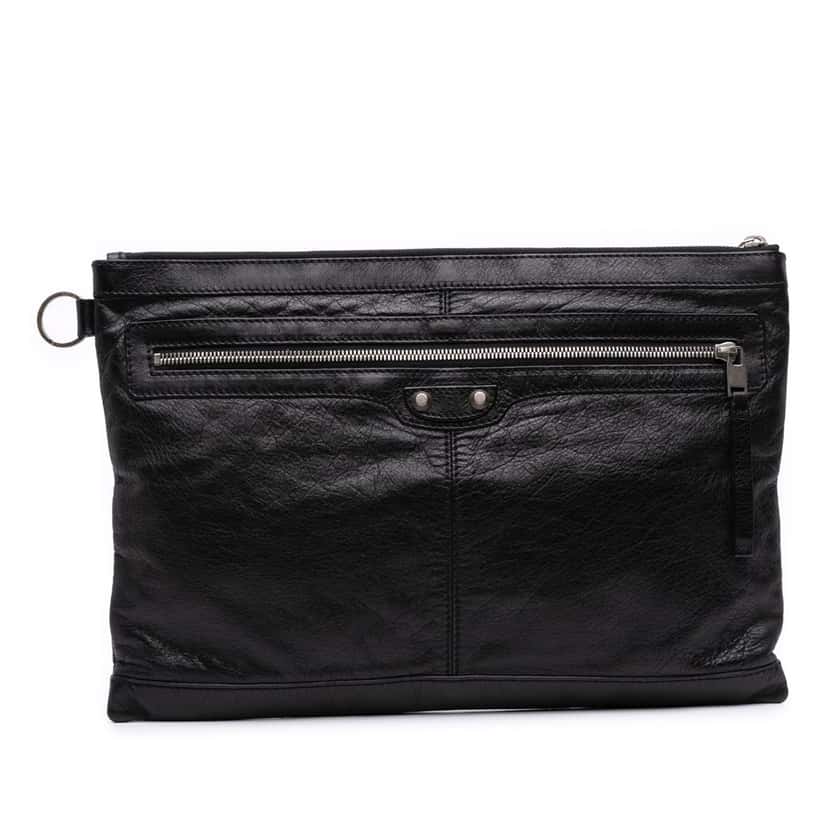 Balenciaga Lambskin Motocross Classic Clip L Clutch Black Leather Good condition - Front View