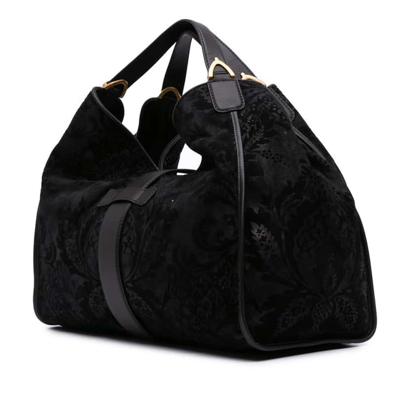 Gucci Large Nubuck and Suede Brocade Soft Stirrup Shoulder Bag Black Leather Good condition - Back View
