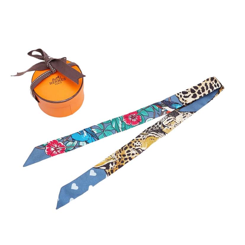 Hermès Jungle Love Love Doll Silk Twilly Scarf Blue Silk Good condition - Box View
