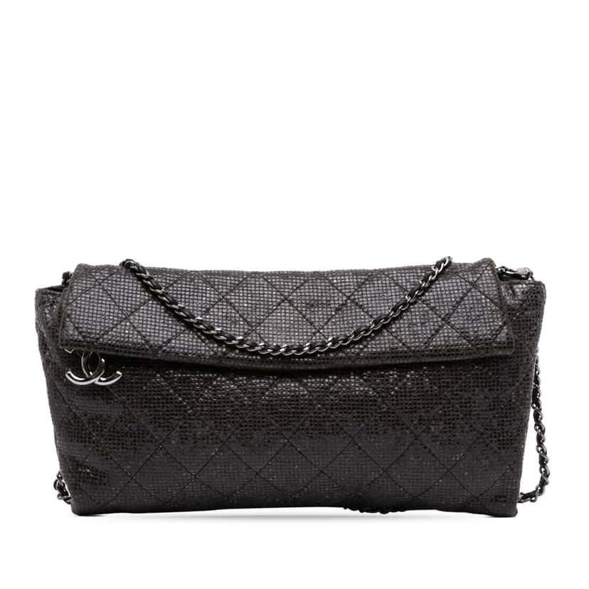 Chanel Quilted Laminated Fabric Chain Evening Crossbody Black Polyester Good condition - Front View