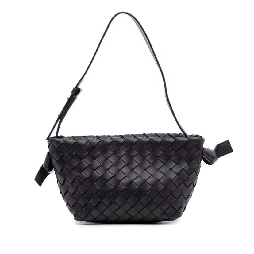 Bottega Veneta Lambskin Intrecciato Tie Shoulder Bag Black Leather Good condition - Front View