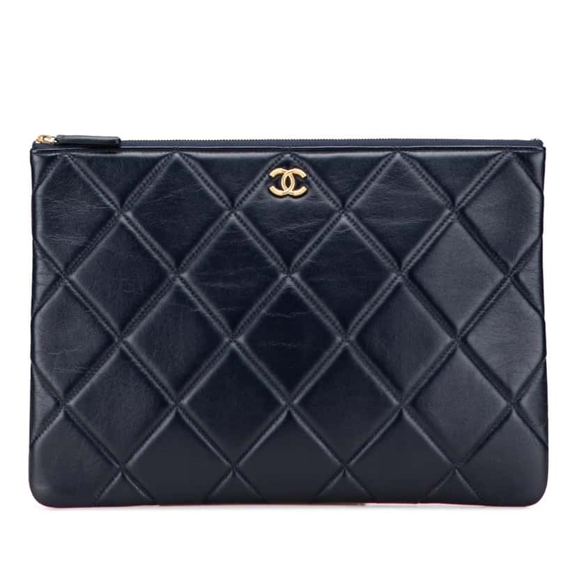 Chanel CC Large Quilted Lambskin O Case Clutch Blue Leather Good condition - Front View