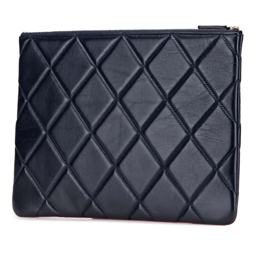 Chanel CC Large Quilted Lambskin O Case Clutch Blue Leather Good condition - Back View