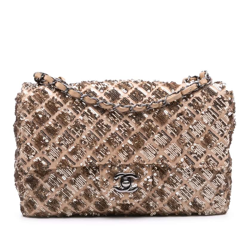 Chanel Medium CC Quilted Lambskin Sequin Single Flap Brown Leather Fair condition - Front View