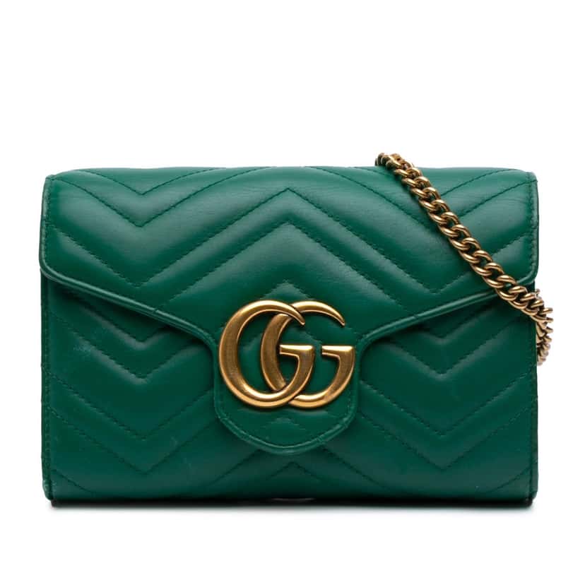 Gucci GG Marmont Matelasse Leather Wallet On Chain Green Leather Good condition - Front View