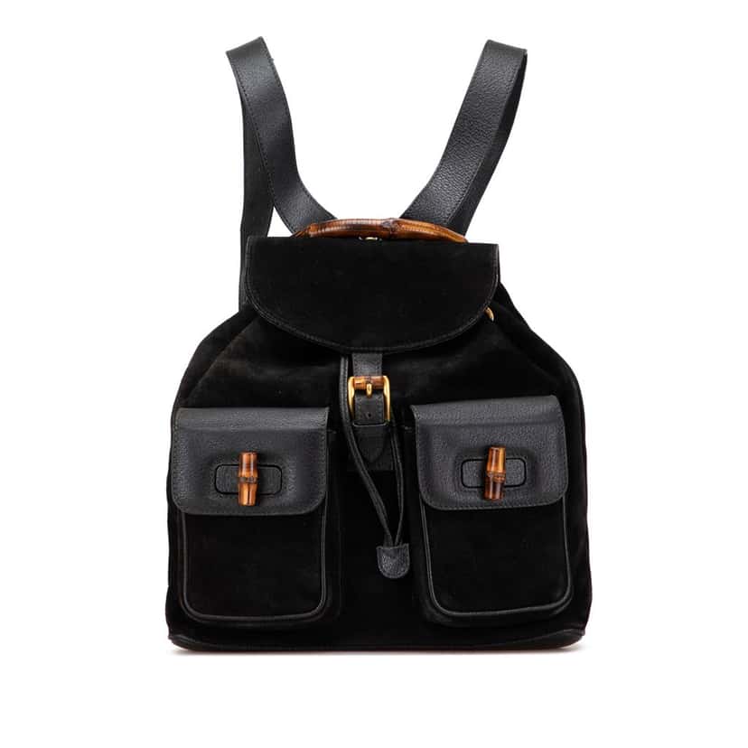 Gucci Suede Bamboo Backpack Black Leather Good condition - Front View
