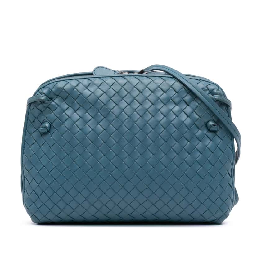 Bottega Veneta Nappa Intrecciato Nodini Double Zip Crossbody Blue Leather Good condition - Front View