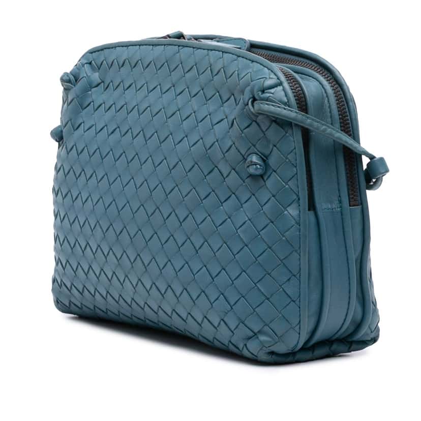Bottega Veneta Nappa Intrecciato Nodini Double Zip Crossbody Blue Leather Good condition - Back View