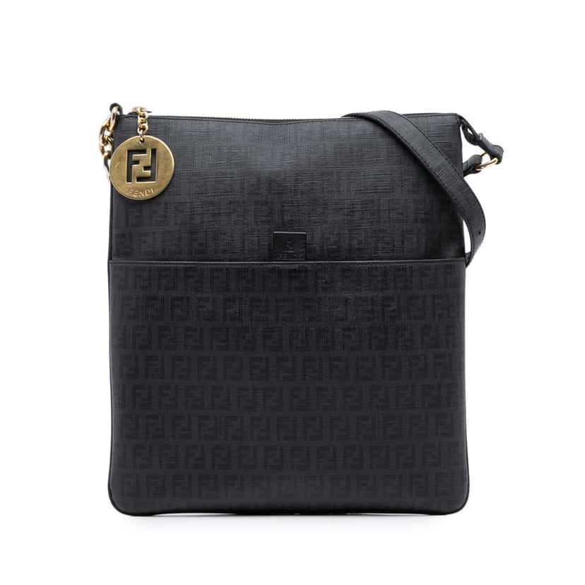Fendi Zucchino Coated Canvas Charm Zip Crossbody Black Canvas Good condition - Front View