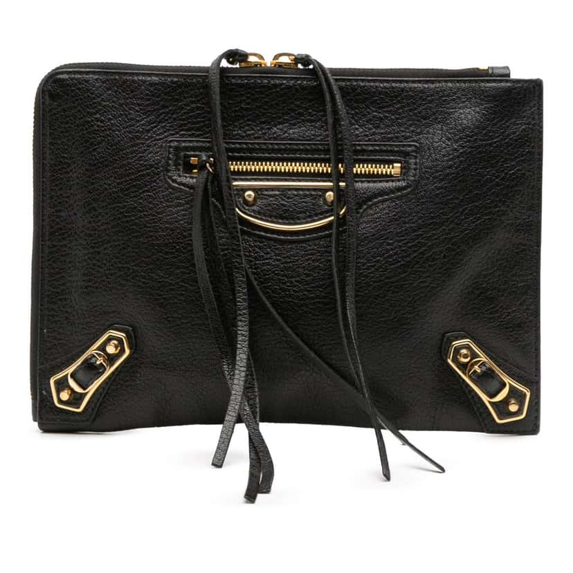 Balenciaga Chevre Motocross Metallic Edge Clutch Black Leather Good condition - Front View
