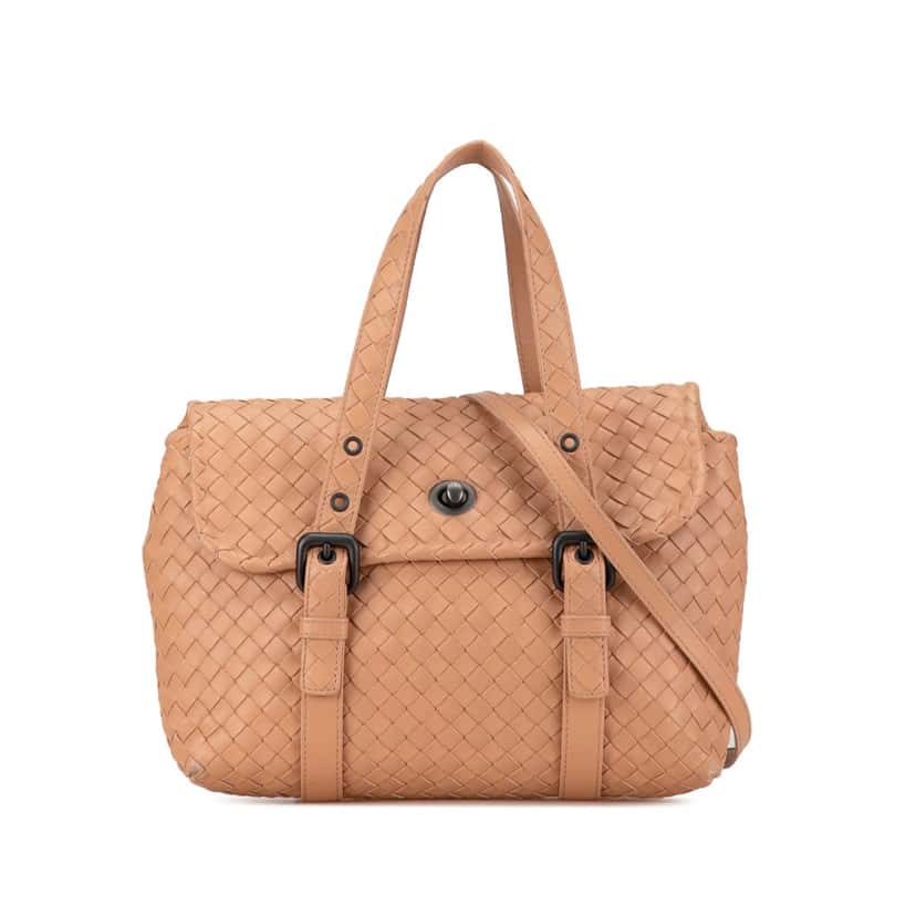 Bottega Veneta Intrecciato Flap Satchel Brown Leather Good condition - Front View