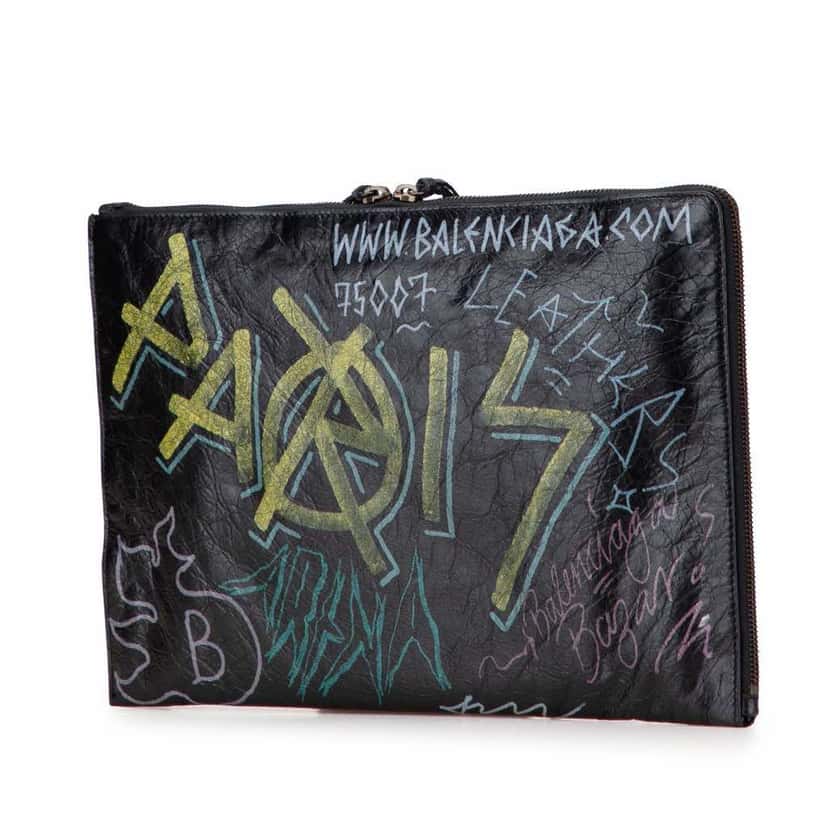 Balenciaga Lambskin Motocross Classic Graffiti Zip Around Flat Clutch Black Leather Good condition - Back View