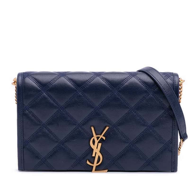 Saint Laurent Quilted Diamond Lambskin Becky Wallet on Chain Blue Leather Good condition - Front View