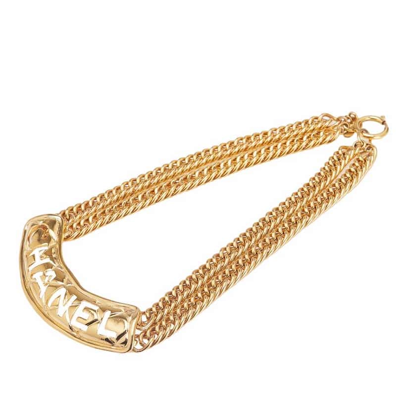 Chanel Gold Plated Quilted Cut Out Logo Double Chain Necklace Gold Metal Good condition - Front View