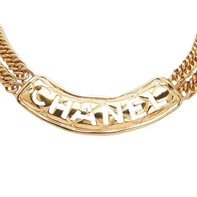Chanel Gold Plated Quilted Cut Out Logo Double Chain Necklace Gold Metal Good condition - Back View
