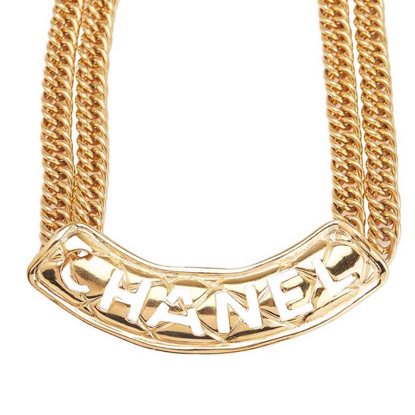 Chanel Gold Plated Quilted Cut Out Logo Double Chain Necklace Gold Metal Good condition - Inside View