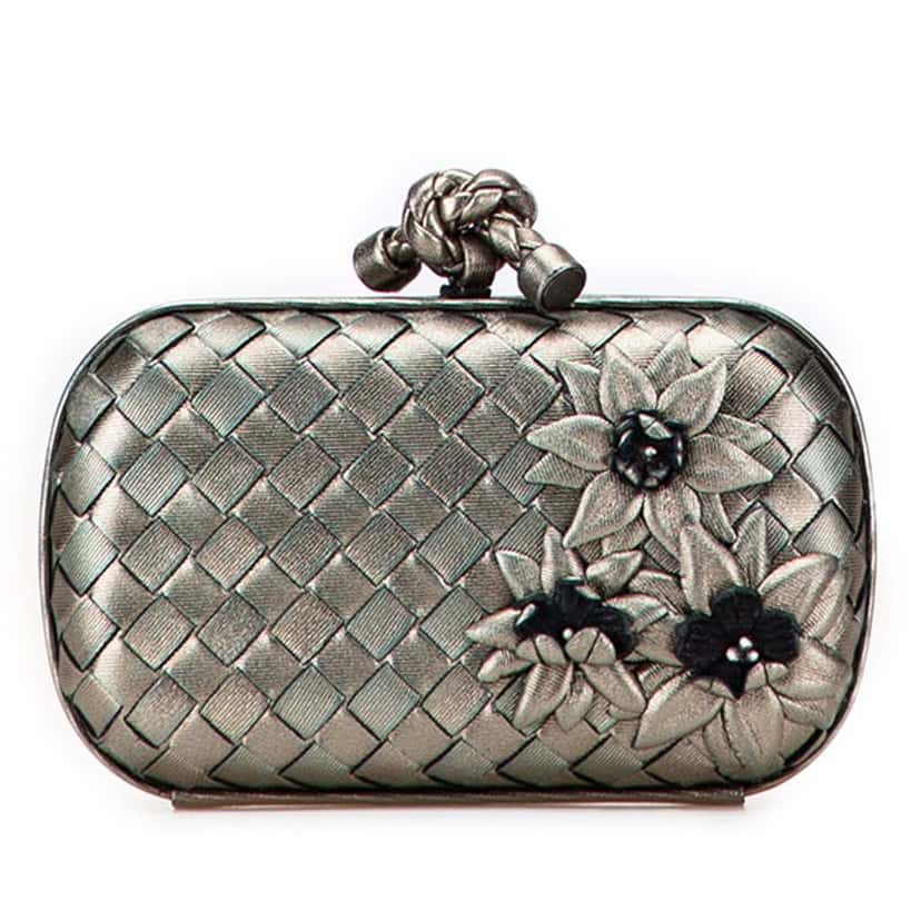 Bottega Veneta Nappa Intrecciato Flower Knot Clutch Silver Leather Good condition - Front View