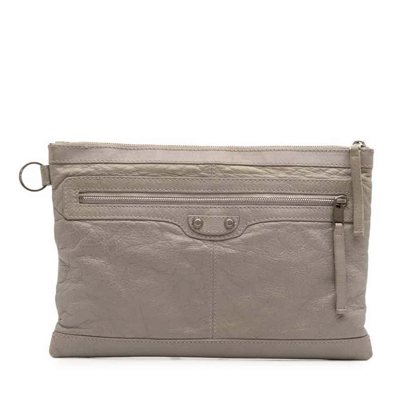 Balenciaga Lambskin Motocross Classic Clip M Clutch Grey Leather Very good condition - Front View