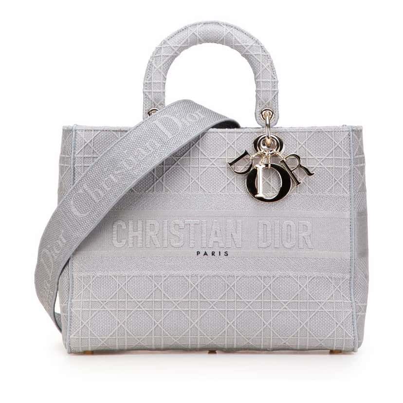 Dior Large Canvas Embroidered Cannage Lady D Lite Grey Canvas Good condition - Front View