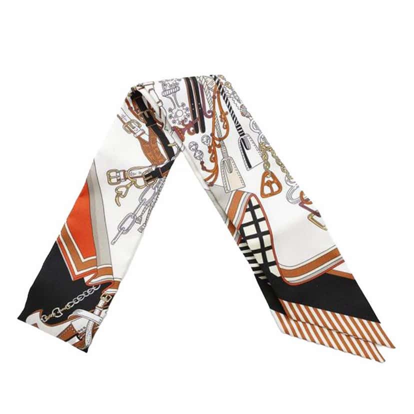 Hermès Bouquets Sellier Silk Twilly Scarf White Silk Very good condition - Front View