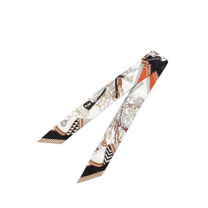 Hermès Bouquets Sellier Silk Twilly Scarf White Silk Very good condition - Inside View