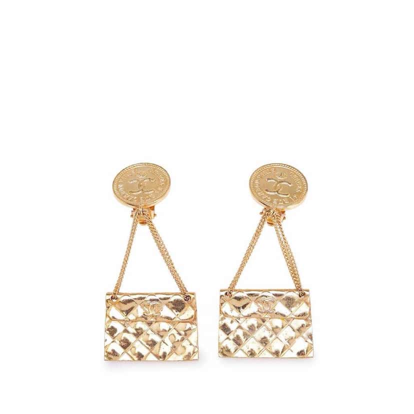 Chanel Gold Plated Flap Bag Drop Clip On Earrings Gold Metal Good condition - Front View