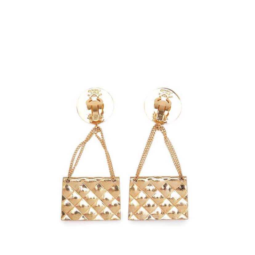 Chanel Gold Plated Flap Bag Drop Clip On Earrings Gold Metal Good condition - Back View