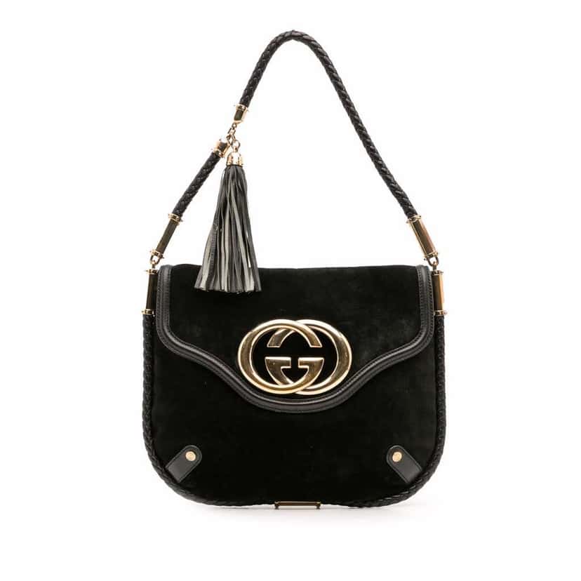 Gucci Medium Suede Britt Tassel Flap Shoulder Bag Black Leather Good condition - Front View