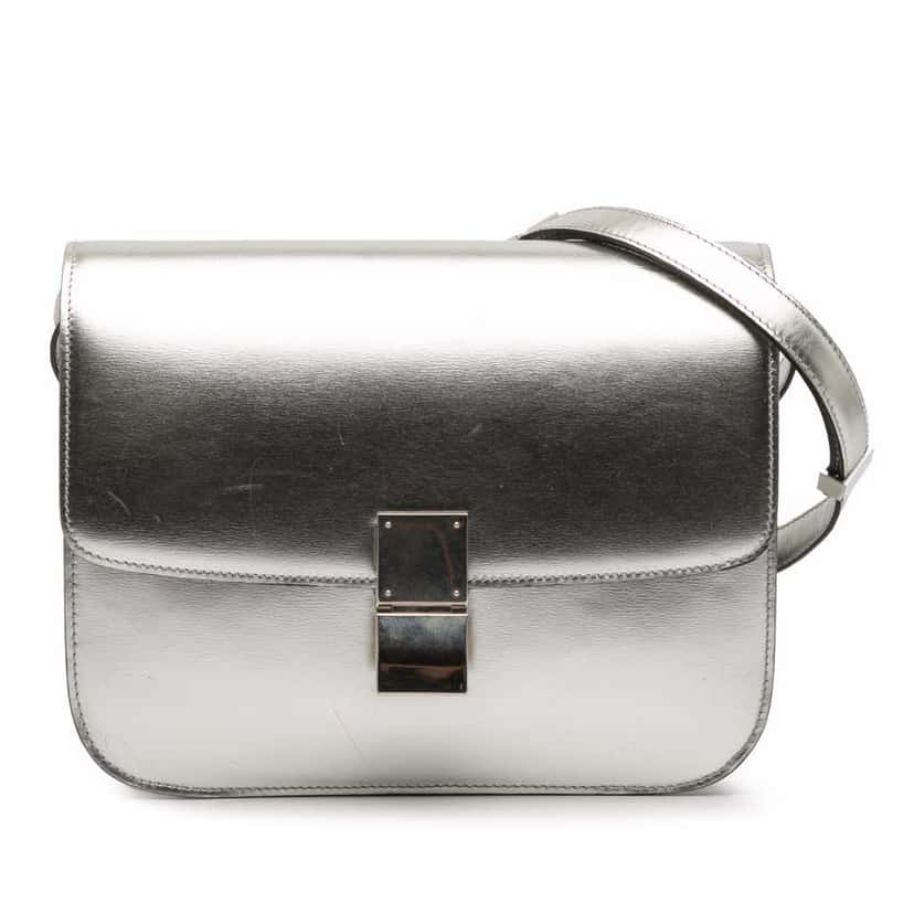 Celine Medium Calfskin Classic Box Silver Leather Good condition - Front View
