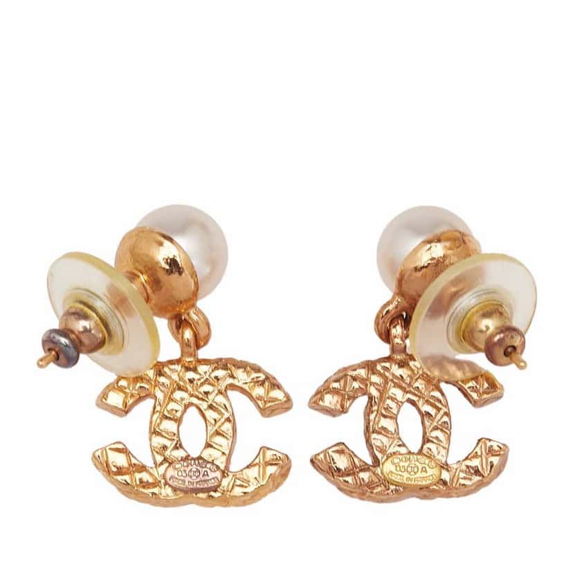 Chanel CC Gold Plated Faux Pearl Drop Push Back Earrings Gold Metal Good condition - Back View