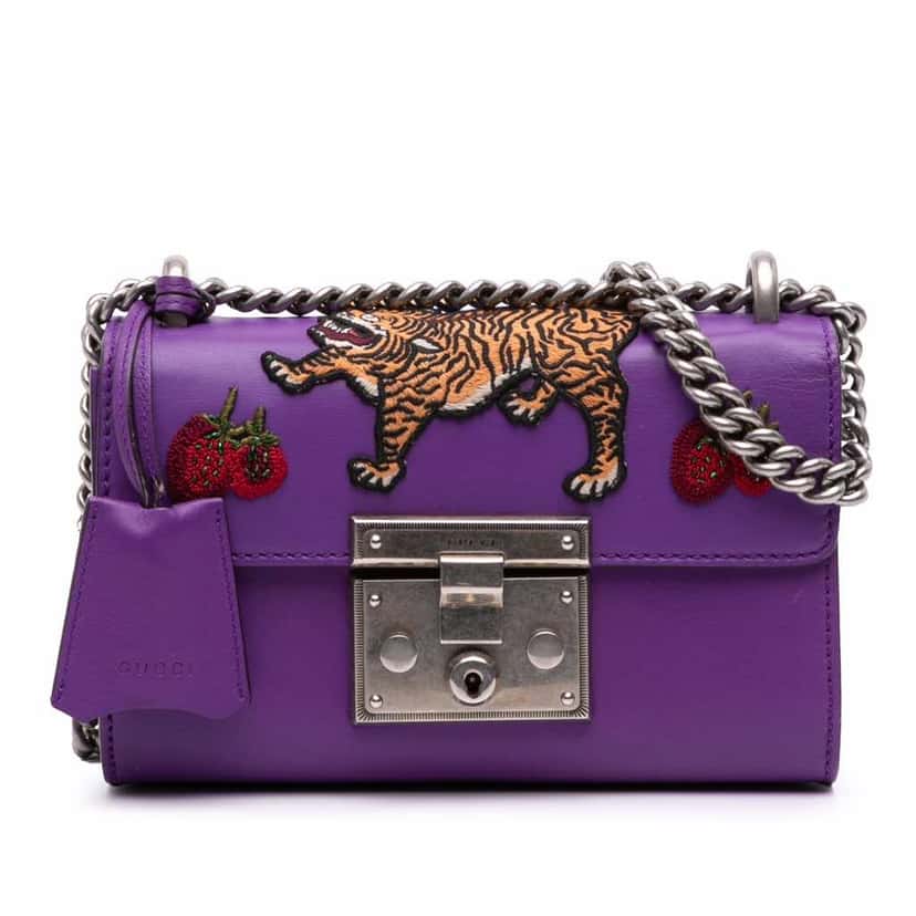 Gucci Small Embroidered Calfskin Tiger Strawberry Padlock Crossbody Purple Leather Good condition - Front View