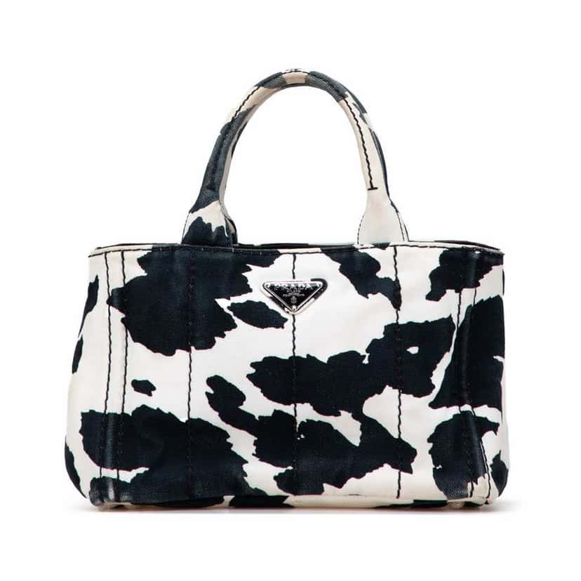 Prada Small Canvas Canapa Cow Print Satchel White Canvas Good condition - Front View