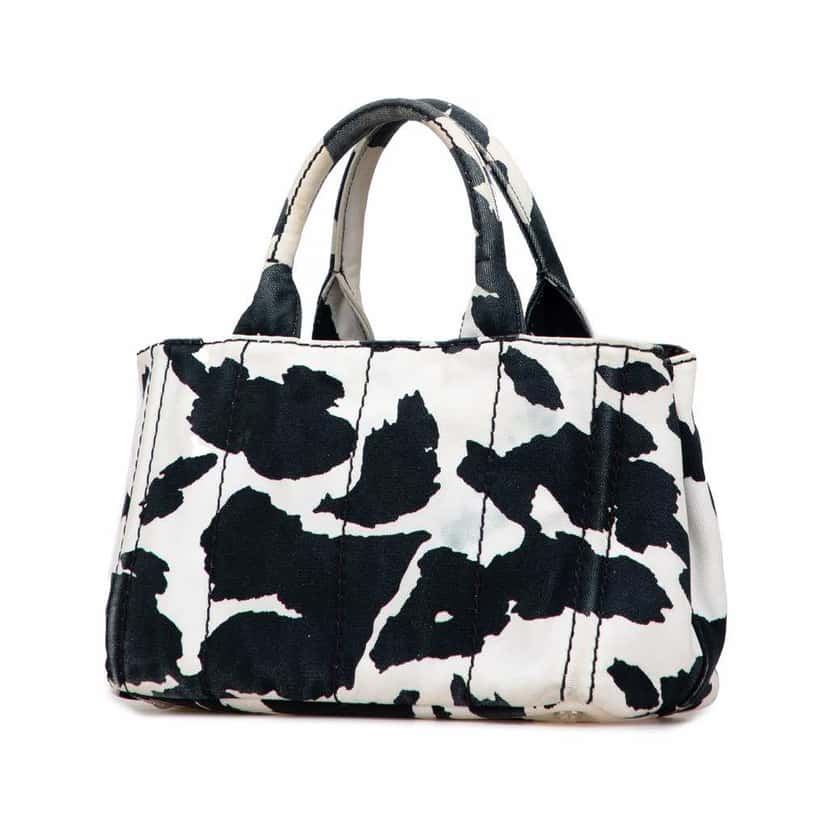 Prada Small Canvas Canapa Cow Print Satchel White Canvas Good condition - Back View