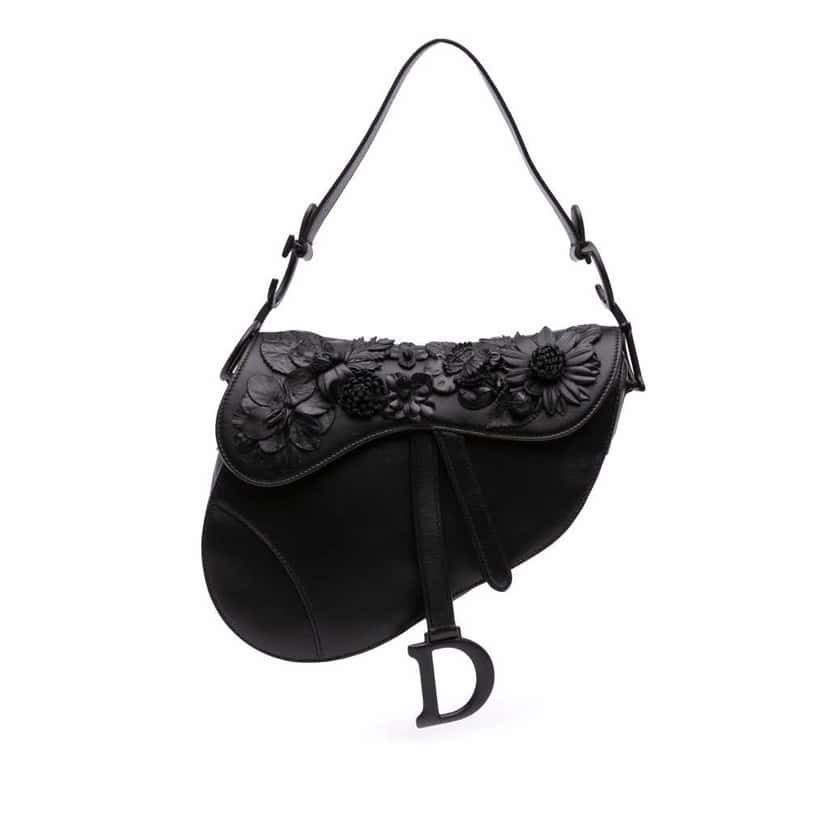 Dior Ultramatte Calfskin 3D Floral Saddle Bag Black Leather Good condition - Front View