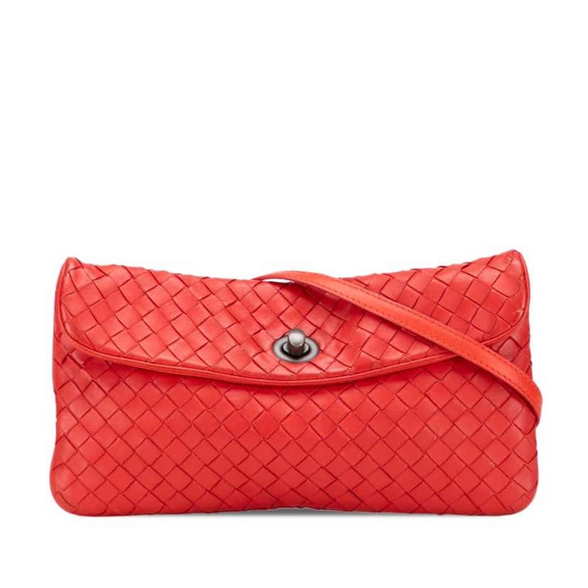 Bottega Veneta Mini Nappa Intrecciato Turn Lock Crossbody Red Leather Good condition - Front View