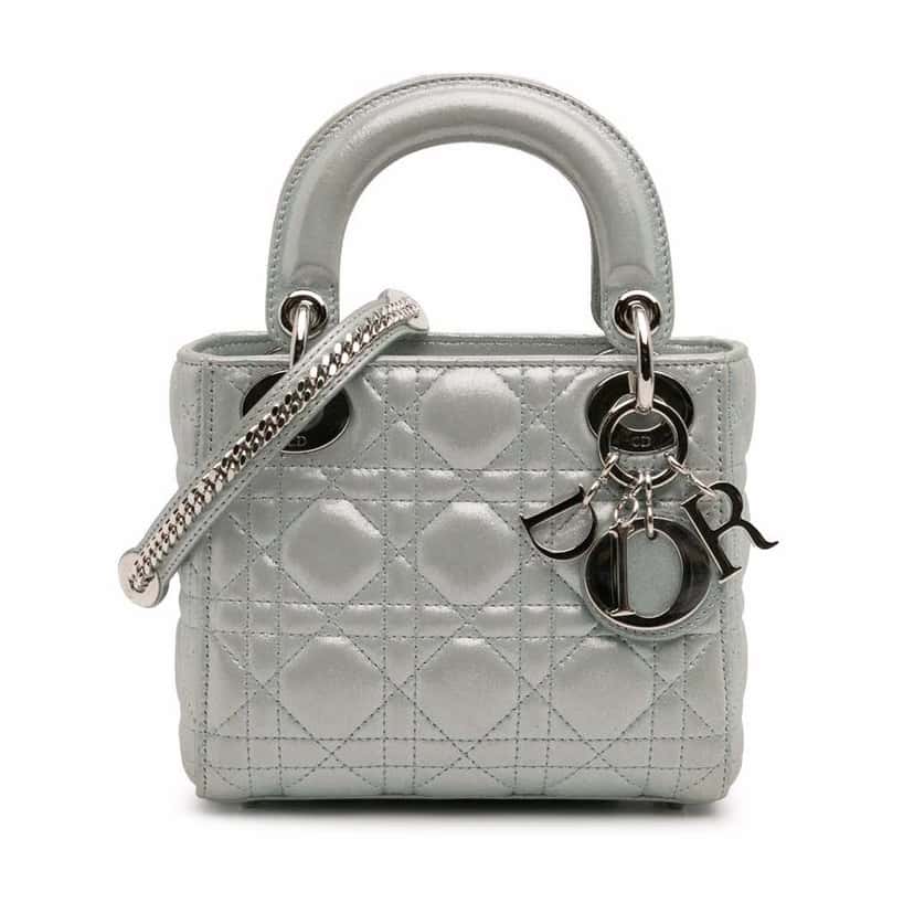 Dior Mini Iridescent Lambskin Cannage Lady Dior Blue Leather Good condition - Front View