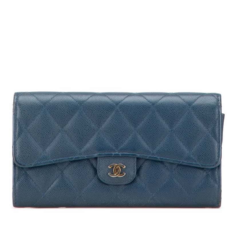 Chanel CC Quilted Caviar Classic Flap Wallet Blue Leather Good condition - Front View